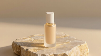 Minimalist cosmetic bottle with white cap and frosted glass, standing on natural stone with warm sunlight. Luxury skincare product photography for beauty, cosmetic branding, and natural skincare mocku