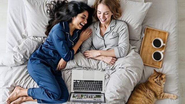 Top view of lesbian couple laughing and cuddling in bed while searching for new house on laptop, browsing real estate website
