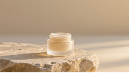 Minimalist frosted glass cosmetic jar with cream, placed on natural stone surface under warm sunlight. Luxury skincare product mockup for organic beauty, spa branding, and cosmetic packaging design.