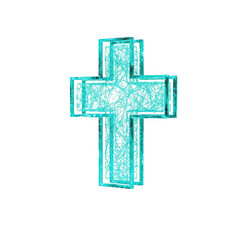 Obraz premium 3d icon of abstract geometric cross shape with glowing turquoise lines and texture, isolated on transparent background