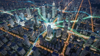 An aerial view of a futuristic digital cityscape at night with glowing data streams connecting buildings, symbolizing a smart city network.