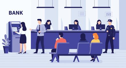 People at a modern bank performing various activities illustration for financial business or service solutions