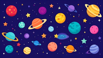 Colorful planets and stars on a dark blue background (1)