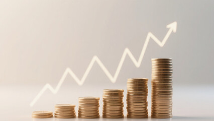 Stacks of golden coins arranged in ascending order with a glowing upward arrow chart. Concept of financial growth, business success, investment strategy, and economic progress.