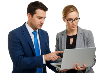 Dedicated business professionals collaborate on a shared digital strategy, discussing important project details and innovative solutions on a laptop