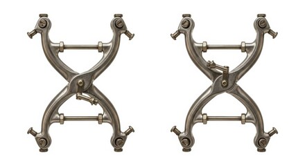 Two antique metal laboratory clamps, isolated on a white background, showcasing intricate mechanical design