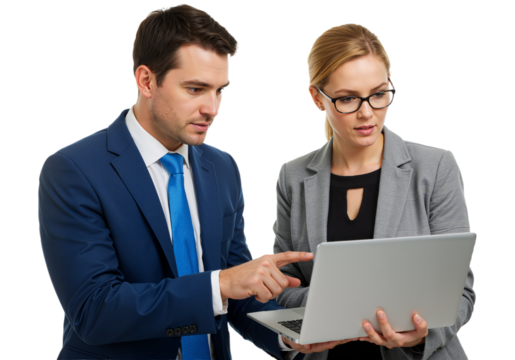 Dedicated business professionals collaborate on a shared digital strategy, discussing important project details and innovative solutions on a laptop