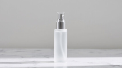 Minimalist skincare bottle with pump on white marble background. Clean beauty concept, cosmetic packaging mockup, luxury skincare product photography for advertising and branding.