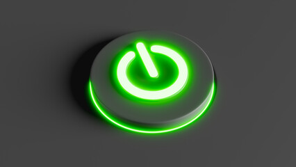 Black power button with green illumination, startup or energy consumption theme, 3D illustration