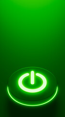 3D illustration of a vertical image of a black power button in a stage with green illumination, startup and energy theme