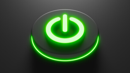 Horizontal image of a black button with green illumination shaped like a power icon, startup and energy theme, 3D illustration