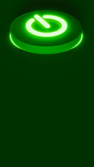 Dark green stage with illuminated power button, startup and energy theme, illustration 3D, vertical image