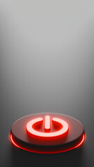 Vertical image with a power button with red lights on a top-lit stage, power and shutdown theme, 3D illustration