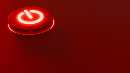 Power button with a red power icon on a dark stage, power and shutdown theme, 3D illustration, horizontal image