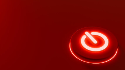 Dark red stage with a red-lit power button, power and shutdown theme, 3D illustration, horizontal image,