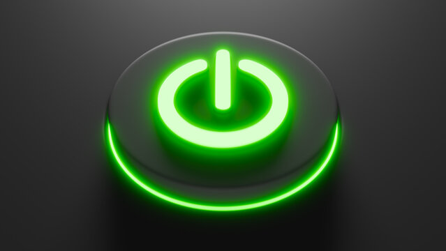 Horizontal image of a black button with green illumination shaped like a power icon, startup and energy theme, 3D illustration