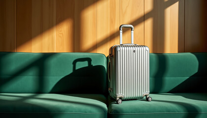 Elegant Aluminum Suitcase on Emerald Green Sofa A Traveler's Essential