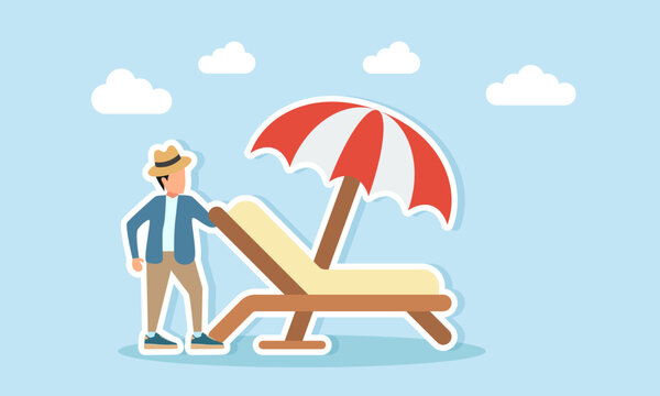 Young man wearing a hat standing near a beach chair with an umbrella illustration of appreciation for celebrating World Tourism Day