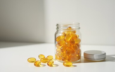 Health and wellness action supplement intake in a minimalist studio environment close-up view of gel capsules in a jar. High quality