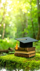 Graduation cap on old books resting on moss in a sunlit forest