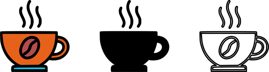 Steaming coffee cup icons: flat color, solid black, outline styles.