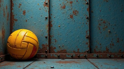 A weathered, yellow sphere rests against a rusted, teal metallic backdrop, evoking a sense of age and resilience.