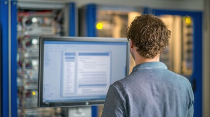 Technician assessing system restore verification status on a large monitor clear midshot with softly blurred backup hardware behind.