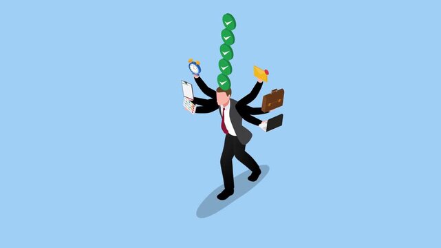 multitasking businessman with many hands doing different tasks at once 3d animation cartoon