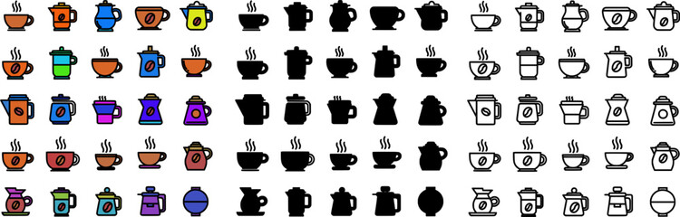 Various coffee icons: cups, pots, and makers in filled, silhouette, outline.