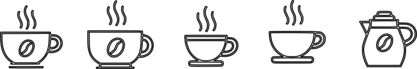 Collection of black and white line art icons featuring hot coffee cups and a pot.