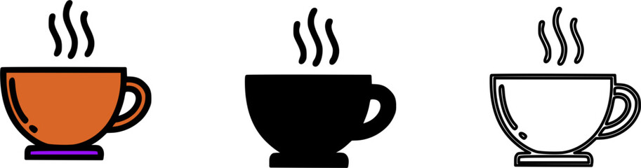Three distinct hot drink cup icons with steam, featuring color, solid, and outline styles.