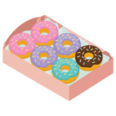 Open pink box with donuts isolated vector illustration on white background