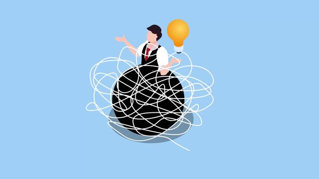 businessman tangled in a chaotic ball of string with a light bulb above his head 3d animation cartoon