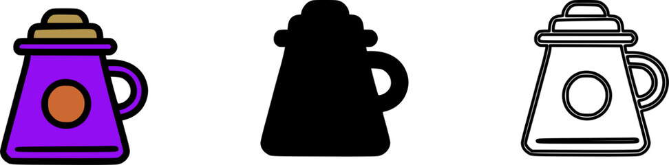 A set of pitcher and creamer icons in color, silhouette, and outline styles.