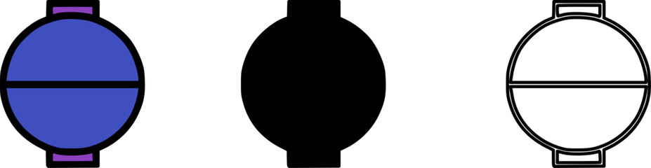 Vector icon set of a stylized capsule bomb in color, silhouette, and outline.