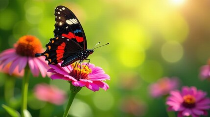 Naklejka premium A vibrant butterfly with black, red, and white wings delicately perched on a bright pink flower, bathed in the warm glow of sunlight within a lush garden setting