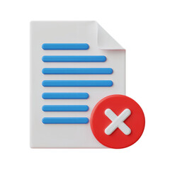 Fototapeta premium 3D Paper Document with Red Cross Icon Indicating File Rejection or Error PNG