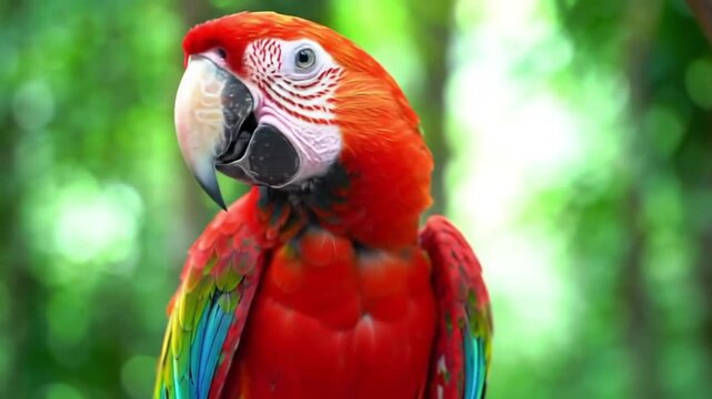 Red macaw parrot perched among green foliage