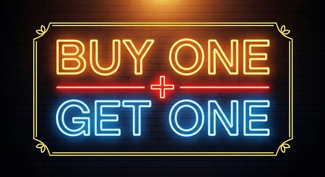 Bright neon sign advertising 'buy one get one free' special offer with vibrant colors and retro glow