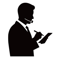 black and white silhouette of journalist icon vector on white background