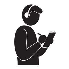 black and white silhouette of journalist icon vector on white background