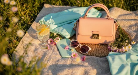 Pink handbag with accessories, on a summer picnic blanket, pastel colors and flowers, for fashion and lifestyle blogs