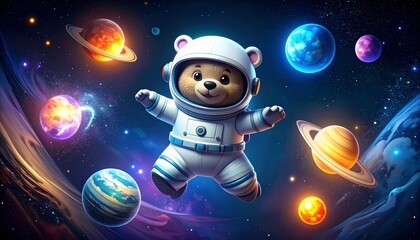 A 3D cartoon bear astronaut in a shiny white space suit, floating in outer space 