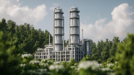 Futuristic Sustainable Industrial Refinery Surrounded by Lush Greenery and Clear Skies