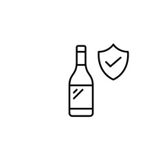 Wine bottle, shield and checkmark. Certified quality alcohol. Pixel perfect, editable stroke vector icon