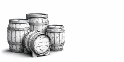 Obraz premium A Collection of Wooden Barrels, Rendered in Monochromatic Detail, Showcases Traditional Cask Design Elements