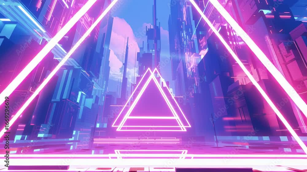 Poster vibrant neon cityscape with glowing triangular shapes, creating futuristic atmosphere filled with co