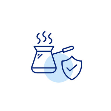 Cesve coffee pot, shield and checkmark. Premium quality product, certified barista. Pixel perfect, editable stroke vector icon