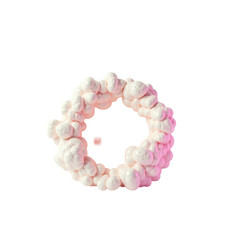 Obraz premium A circular, bubbly design in a light beige color, highlighted with delicate pink accents, creates a dynamic visual effect against a black background.