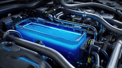 Fototapeta premium Detailed view of the coolant reservoir filled with bright blue liquid surrounded by neatly organized wires and hoses emphasizing the improved thermal management capabilities.
